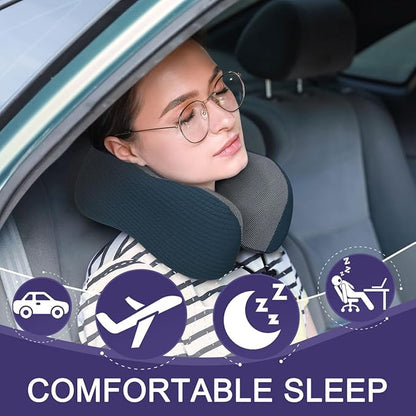 napfun Neck Pillow for Traveling, Upgraded Travel Neck Pillow for Airplane 100% Pure Memory Foam Travel Pillow for Flight Headrest Sleep, Portable Plane Accessories, Luxury Sets (Optional), Deep Blue