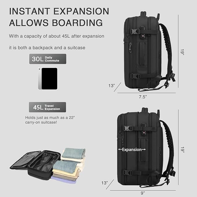 Vacuum Seal Travel Backpack 45L - Expandable Air Compression System, Water-Resistant, Carry-On Suitcase Luggage with TSA Lock Fits 18" Laptop - Vacuum Pump Included(Black)