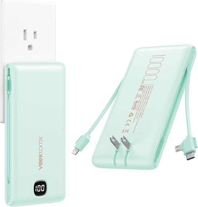 VEEKTOMX Portable Charger with Built in Cables 10000mAh, Power Bank for iPhone with Wall Plug, Travel Essential Fast Charging Slim USB C External Battery Pack for iPhone 17/16/15, Samsung, iPad, etc