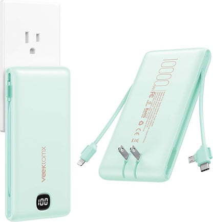 VEEKTOMX Portable Charger with Built in Cables 10000mAh, Power Bank for iPhone with Wall Plug, Travel Essential Fast Charging Slim USB C External Battery Pack for iPhone 17/16/15, Samsung, iPad, etc