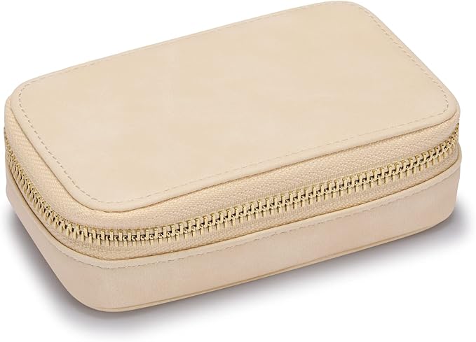 HISCOW Vegan Leather Travel Jewelry Case with Zipper - Portable Necklace & Earring Holder Organizer for Women Girls, Velvet-Lined Ring Box with Anti-Tarnish Design, Cream