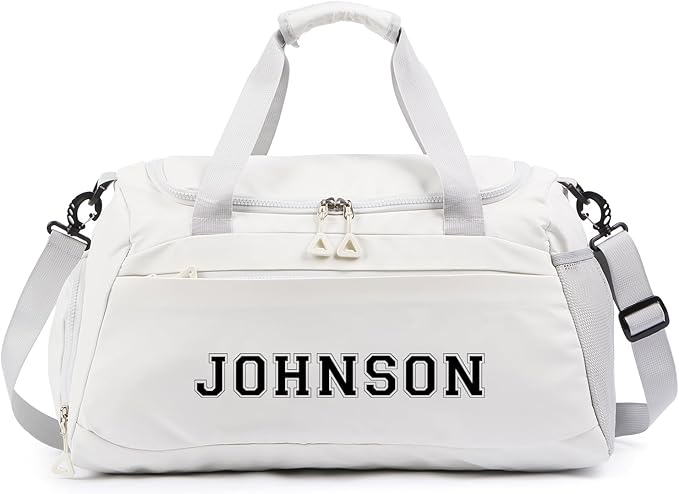 Personalized Duffel Bag Custom Sport Gym Travel Bags Embroidered Name Text Customized Dry Wet Separated Weekend Waterproof Bag for Women Men (A-White)