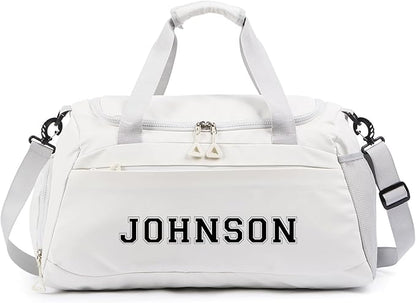 Personalized Duffel Bag Custom Sport Gym Travel Bags Embroidered Name Text Customized Dry Wet Separated Weekend Waterproof Bag for Women Men (A-White)