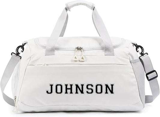 Personalized Duffel Bag Custom Sport Gym Travel Bags Embroidered Name Text Customized Dry Wet Separated Weekend Waterproof Bag for Women Men (A-White)