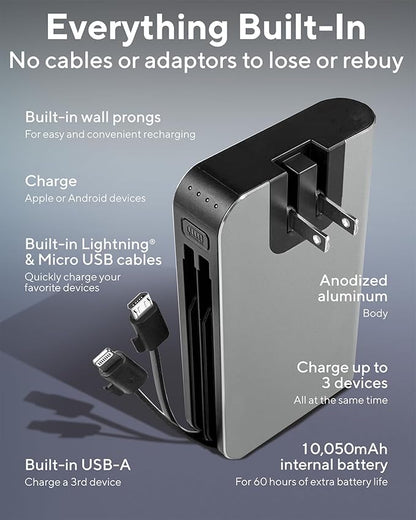myCharge Portable Charger with Wall Plug – 10050mAh Fast Charging – Power Bank for iPhone, Samsung, Android & More - External Battery Pack Portable Charger with Built-in Cables (Lightning + Micro USB)
