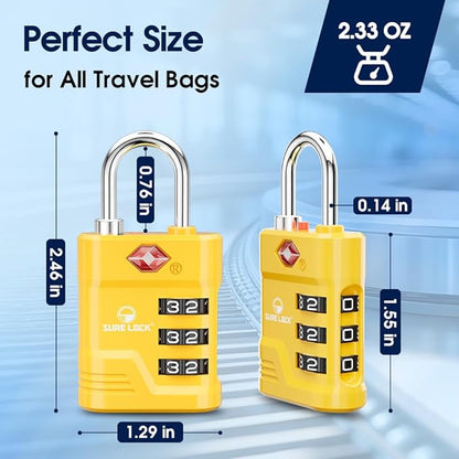 SURE LOCK TSA Locks for Luggage, TSA Approved Luggage Locks with Open Alert, 008 Key for High Security, Easy Read Dials, Zinc Alloy Body, Locker Lock for Suitcase, Gym, Travel(Yellow 4 pk)