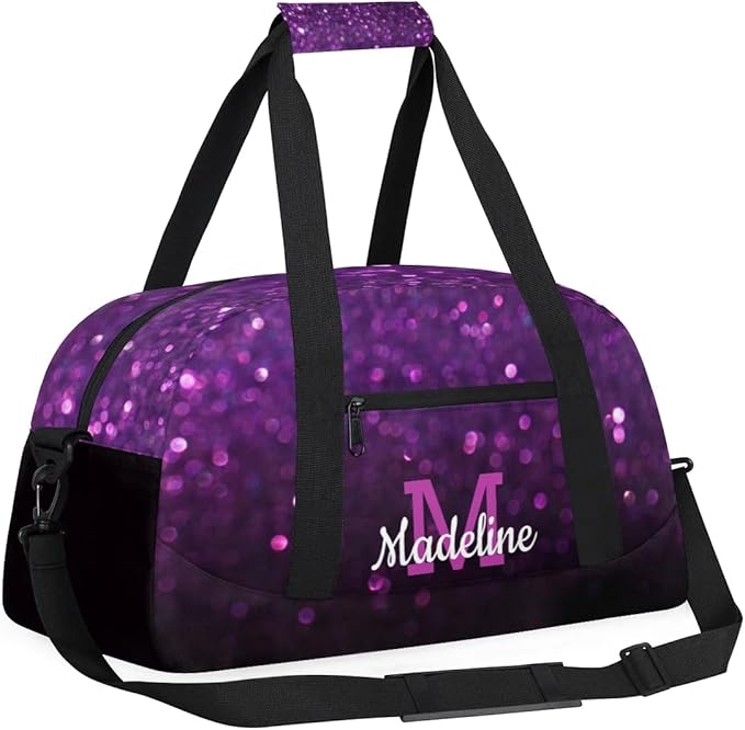 Personalized Kids Sports Duffel Bag with Name Custom Weekender Overnight Bag for Boys Girls Gym Bag Travel Dance Gymnastics Duffel Bag, DeepPurple Glitter