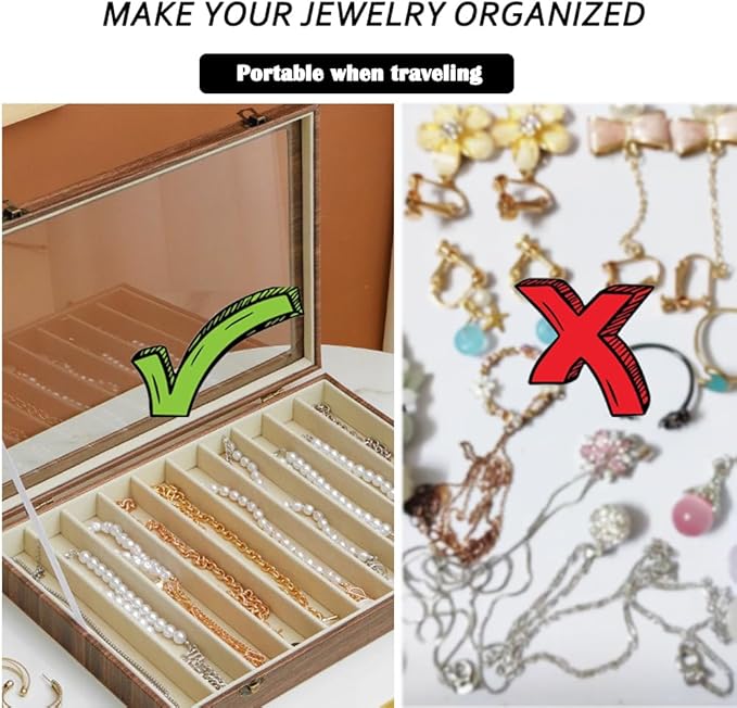 MIOINEY Glass Lid Necklace Organizer Box Transparent Necklace Holder Organizer Velvet Necklace Display Box Clear Lid Jewelry Storage Stackable Necklace Display Case for Women Girls (Style C)