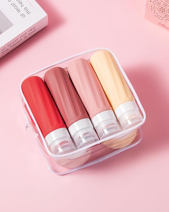 Travel Size Toiletries 8 Pack, TSA Approved 3oz Silicone Squeeze Bottles & Cream Jars with Clear Travel Bag