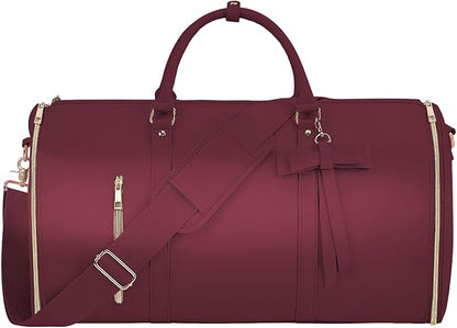 Garment Bags for Travel, Convertible Suit Travel Bag for Women, Stylish Carry On Garment Bag with Toiletry Pocket, Shoulder Strap and Shoes Compartment, 2 in 1 Foldable PU Leather Duffle Bag, Sangria