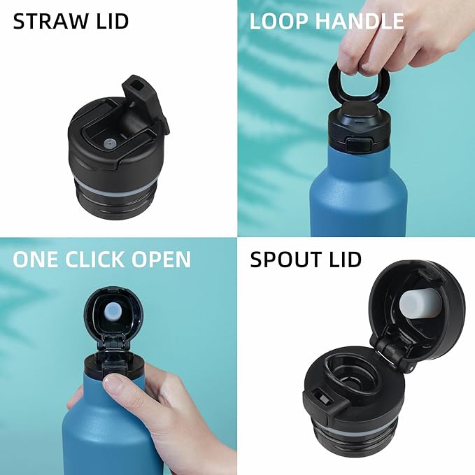 BJPKPK Insulated Water Bottle With Straw 25oz Stainless Steel Water Bottles With 2 Lids And Carry Handle Reusable Travel Metal Thermal Flask,Sea Blue