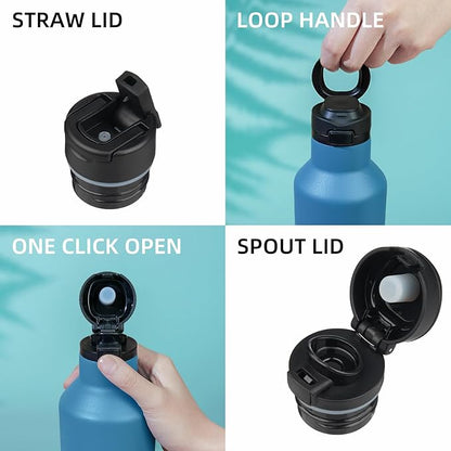 BJPKPK Insulated Water Bottle With Straw 25oz Stainless Steel Water Bottles With 2 Lids And Carry Handle Reusable Travel Metal Thermal Flask,Sea Blue