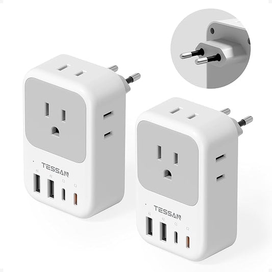 TESSAN European Travel Plug Adapter 2 Pack, PD 20W Adapter for Europe Plug with 4 AC Outlets 4 USB (2 USB C), Type C Adaptor for US to Europe, Italy, Spain, France, Portugal, Greece, Iceland, Germany