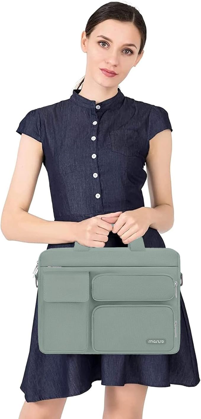 MOSISO Laptop Shoulder Bag 15.6 inch, 15-15.6 inch Computer Bag Compatible with MacBook Pro 16 inch, HP, Dell, Lenovo, Notebook with 2 Raised&1 Flapover&1 Horizontal Pocket&Handle&Belt, Antique Green