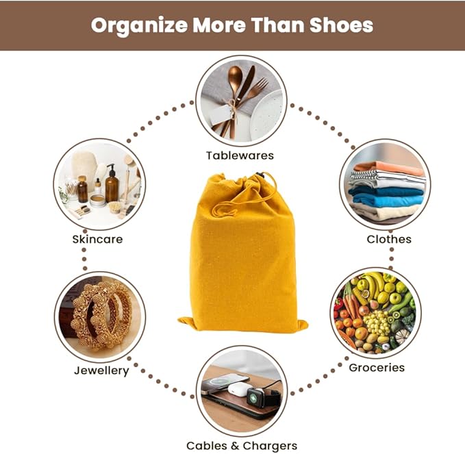 LFH Cotton Rich Shoe Storage Bags with Drawstring, Dustproof Breathable Reusable Organizer, Perfect For Travel, Dorm, Hotel, College, Gym, Easy to Carry, Machine Washable 12"x17" (Pack of 6) - Golden