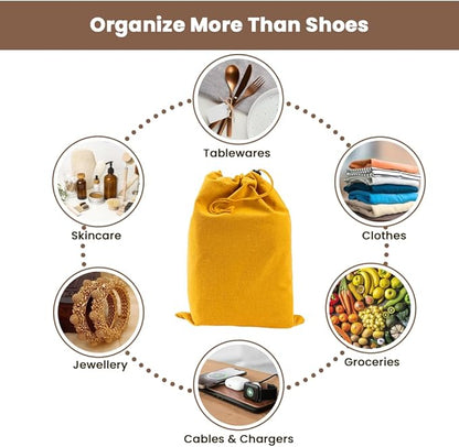 LFH Cotton Rich Shoe Storage Bags with Drawstring, Dustproof Breathable Reusable Organizer, Perfect For Travel, Dorm, Hotel, College, Gym, Easy to Carry, Machine Washable 8"x17" (Pack of 6) - Golden