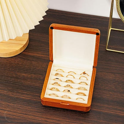Solid Wood Ring Organizer, Walnut Jewelry Case for Multiple Rings Cufflinks Earrings Portable Travel Size Rings Case Wooden Vintage Gift for Women Valentine Mother's Day