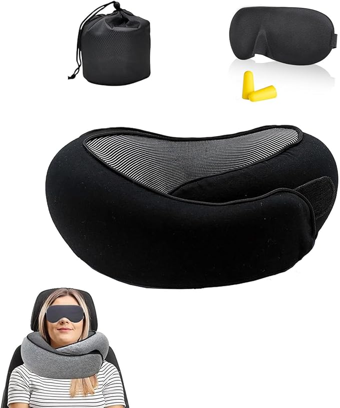 Travel Pillow, Travel Neck Pillow, 360 Degree Comfort and Breathability, Airplane Travel Neck Pillow, Stowable U-Shaped Pillow (Black)