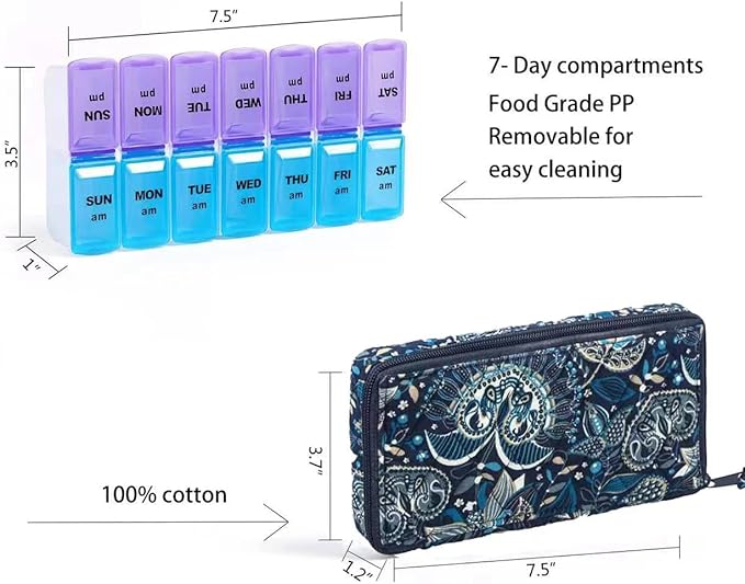 Weekly Pill Organizer 2 Times a Day, Zumd Pill Box 7 Day with Cute Quilted Fabric Zipper Case, Travel Pill Case Am Pm for Vitamin Medicine Organizer