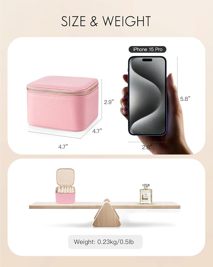 Vlando Travel Jewelry Case,PU Leather Jewelry Storage Organizer Case with 6 pcs Jewelry Bag,Christmas Wedding Birthday Gift Ideas for Women Bride Girls Pale Pink