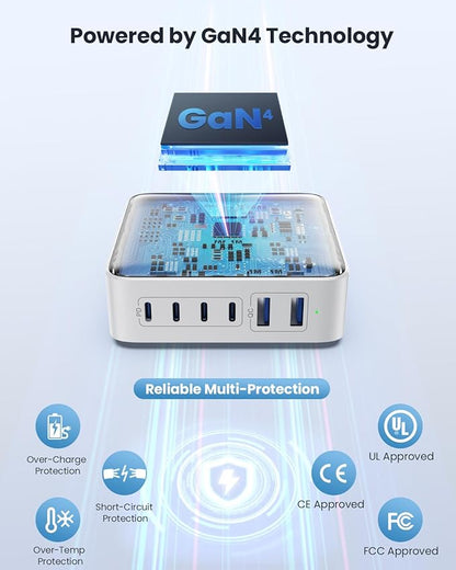 USB C Charger Block Charging Station 200W,Upgraded GaN IV 6-in-1 USB C Charger Fast Charging Hub,PD 65W Laptop Desktop Charging Adapter Compatible with MacBook/iPad, DELL,iPhone 16/15,Android etc