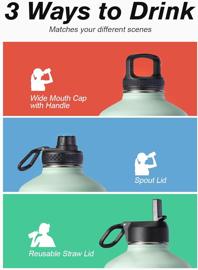 Coolflask 128 oz Gallon Water Bottle Insulated with Straw&3 Lids, Water Jug Large Stainless Steel Metal Vacuum Wide Mouth for Sports, Gym or Office, Non-BPA Keep Cold 48H Hot 24H, Ombre Green
