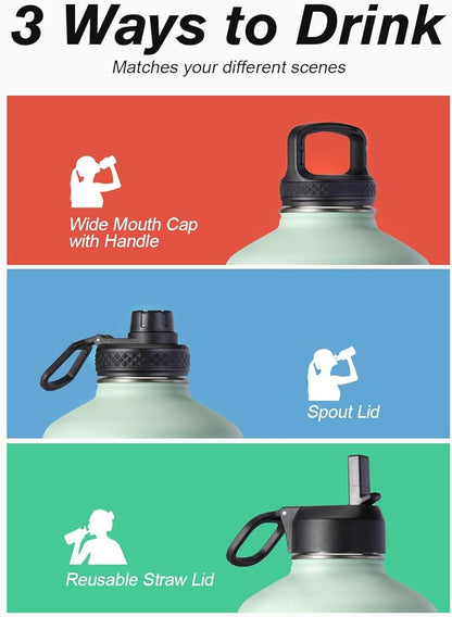 Coolflask 128 oz Gallon Water Bottle Insulated with Straw&3 Lids, Water Jug Large Stainless Steel Metal Vacuum Wide Mouth for Sports, Gym or Office, Non-BPA Keep Cold 48H Hot 24H, Ombre Green