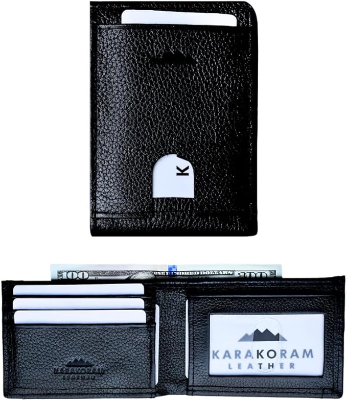 KARAKORAM LEATHER Artisan Made Premium Cowhide Leather Slim BiFold Wallet for Men | RFID Blocking Front Pocket Everyday Carry | Fits 12-14 Cards with 2 External Quick Access Slots (Midnight Black)