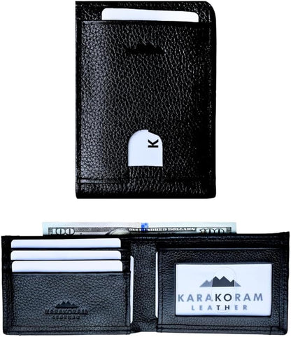 KARAKORAM LEATHER Artisan Made Premium Cowhide Leather Slim BiFold Wallet for Men | RFID Blocking Front Pocket Everyday Carry | Fits 12-14 Cards with 2 External Quick Access Slots (Midnight Black)