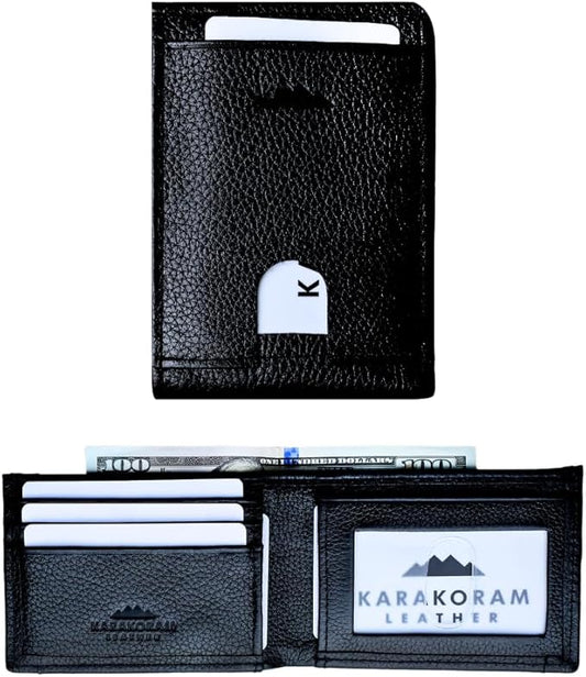 KARAKORAM LEATHER Artisan Made Premium Cowhide Leather Slim BiFold Wallet for Men | RFID Blocking Front Pocket Everyday Carry | Fits 12-14 Cards with 2 External Quick Access Slots (Midnight Black)