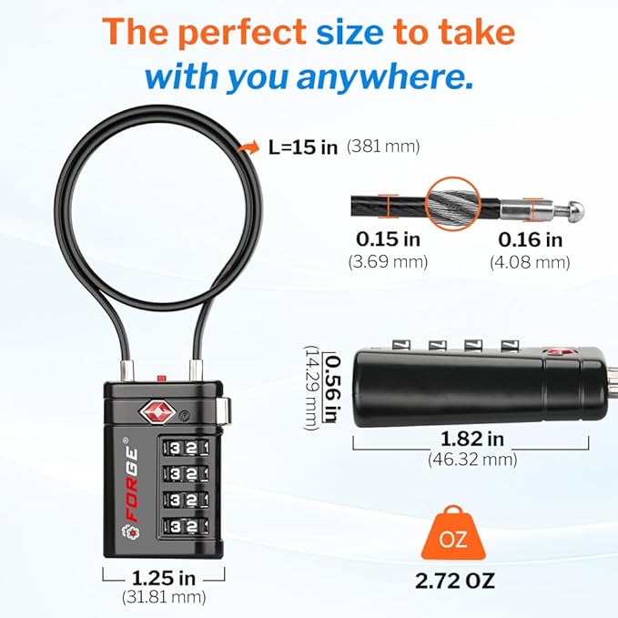 Forge TSA Approved Luggage Locks 4 Digit Combination TSA Travel Locks with TSA008, Open Alert Indicator, Zinc Alloy Body for Luggage, Suitcase, Backpack, and More. 2 15'' Cable Locks.