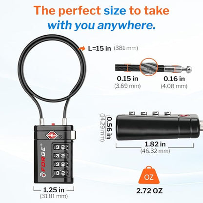 Forge TSA Approved Luggage Locks 4 Digit Combination TSA Travel Locks with TSA008, Open Alert Indicator, Zinc Alloy Body for Luggage, Suitcase, Backpack, and More. 2 15'' Cable Locks.