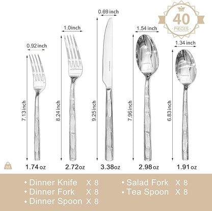 KINGSTONE Silverware Set, 40-Piece 18/10 Stainless Steel Brushed Handle Flatware Cutlery Set, for Kitchen, Home, Party, Wedding Gift, Rust Resistant and Dishwasher Safe