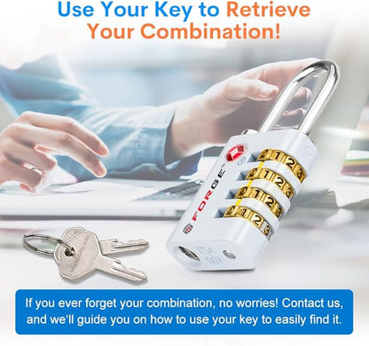 Forge Dual-Opening: Key or Combination Access Lock, TSA Approved Locks for Luggage, Pelican case, Travel, Gym, School, Stainless Steel Shackle. (White, 2 Pk)