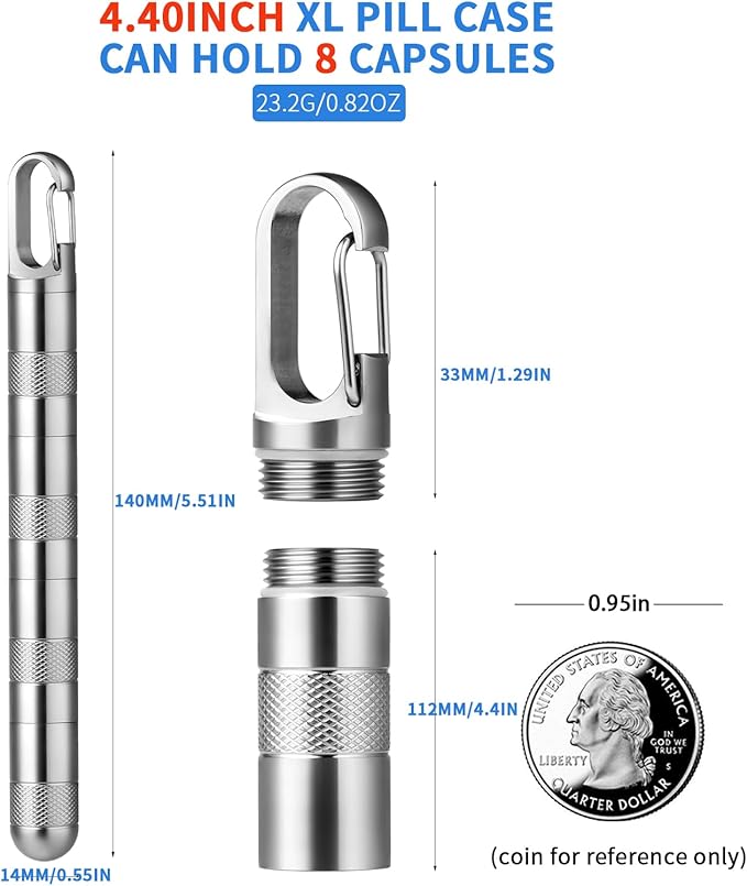 TISUR Keychain Pill Holder, Small Titanium Pill Case,Travel Pill Box Container,Variable Lengths Portable Pill Organizer Waterproof Metal Case Bottle(Gray Titanium XL-4.4inch)