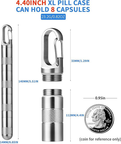TISUR Keychain Pill Holder, Small Titanium Pill Case,Travel Pill Box Container,Variable Lengths Portable Pill Organizer Waterproof Metal Case Bottle(Gray Titanium XL-4.4inch)