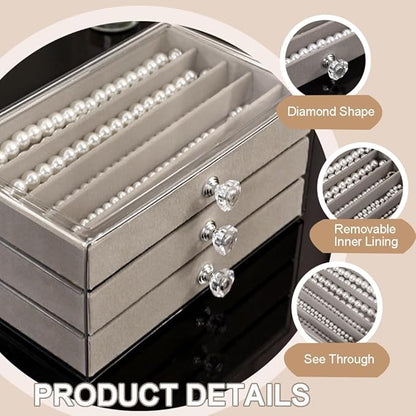 SPAKOWN Necklace Organizer Box, Velvet Necklace Box Holder Tray with Clear Lid Chains Showcase Stackable Necklace Storage for Pendant Bracelet (3 Drawers - Grey)