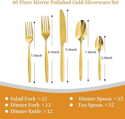 Gold 60-Piece Silverware Set,Stainless Steel Flatware Utensils Cutlery Set for 12,Including Steak Knife Fork and Spoon,Dishwasher Safe,Modern Tableware for Home & Dining