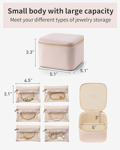 Vlando Jewelry Box with 6 Velvet Jewelry Bags Travel Jewelry Storage Box for Women Girl Jewelry Organizer Necklace Rings Earrings Bags Wedding Gifts Christmas Gifts for Women(Pink)