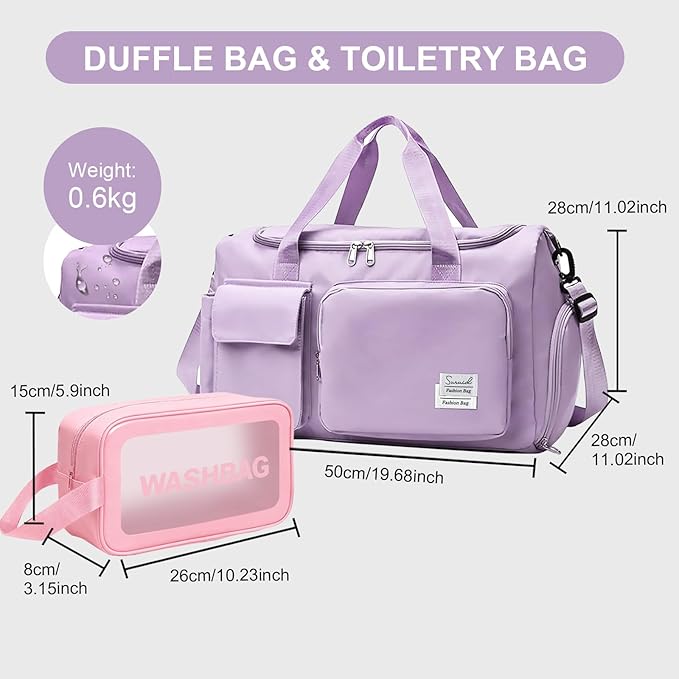 Gym Bag for Women Men, Travel Duffle Bag Large Capacity Carry On Weekender Bag With Shoe Compartment Gym Tote Dry Wet Separation Duffel Bag with Makeup Bag, Purple
