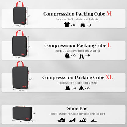11 Set Compression Packing Cubes for Travel, Waterproof Organizer Set with Hanging Underwear & Toiletry Bag, Shoe/Boot Bag, Hair Tools Organizer, Laundry Bag & Digital Pouch (Black)