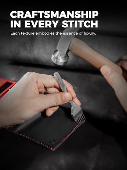 LORZOR Wallet for Men with Metal Card Holder, Pop Up Wallet, Finest Full Grain Leather Trifold Wallet, Smart, Minimalist, RFID Blocking, Front Pocket, ID Window, Black/Red