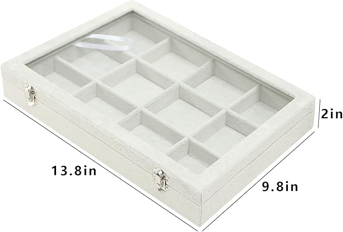Coward Jewelry Organizer Tray Box, Grey Beige Velvet 12 Grids Bracelet Bangle Necklace Jewelry Display Tray Case with Transparent Glass Lid for Home Desk Drawer or Store Selling Show