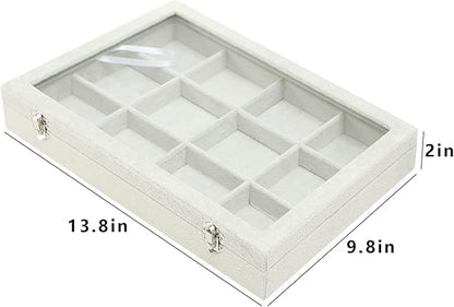 Coward Jewelry Organizer Tray Box, Grey Beige Velvet 12 Grids Bracelet Bangle Necklace Jewelry Display Tray Case with Transparent Glass Lid for Home Desk Drawer or Store Selling Show