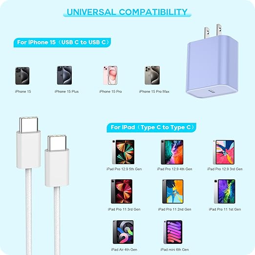 Apple iPhone 17 16 15 Charger Fast Charging [Apple MFi Certified]3Pack 20W USB Type C Charging Block with Long 6 FT Fast Charging Cable for iPhone 17/17 Air/16Pro/Pro Max,iPhone 15/15 ProMax/Plus/iPad