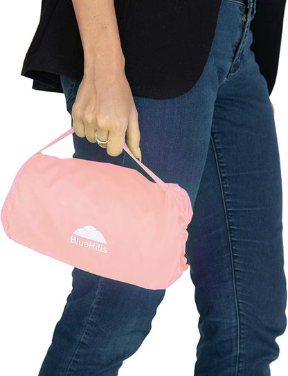 BlueHills Ultra Compact Travel Blanket Pillow in Portable Bag Case Soft with Strap Backpack Clip Premium Cozy Soft Compact Pack Large Blanket for Airplane Flight Layover - (Pink C006, 70 x 56 inch)