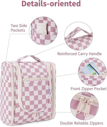 Narwey Small Checkered Hanging Travel Toiletry Bag for Women, Travel Bag for Toiletries, Makeup Bag Organizer Cosmetic Bags Make Up Bags for Women (Dusty Rose Checkerboard)