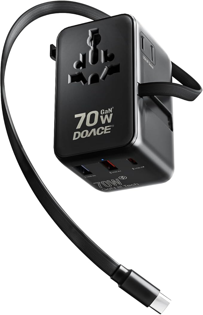 DOACE Travel Adapter 70W GaN 3.0, European Travel Plug Adapter with Built-in USB-C Cable, 6 in 1 International Power Adapter USB-C PD Fast Charging for EU/UK/USA/AUS