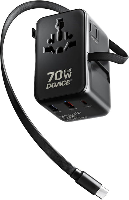 DOACE Travel Adapter 70W GaN 3.0, European Travel Plug Adapter with Built-in USB-C Cable, 6 in 1 International Power Adapter USB-C PD Fast Charging for EU/UK/USA/AUS