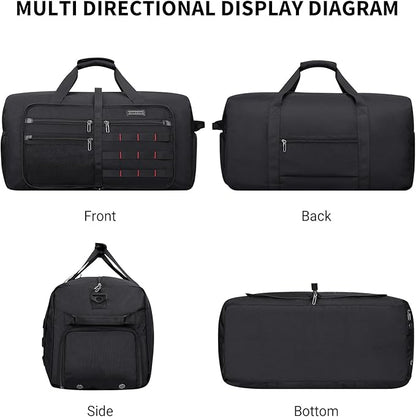 WITZMAN Foldable Duffle Bag for Travel 65L Lightweight Packable Duffel Bag with Shoes Compartment Overnight Bag for Men Women (B697 Black)